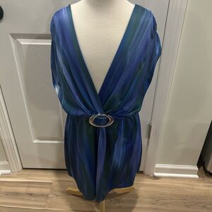 Blue Multicolor Babydoll Blouse With Buckle Women’s Size Medium Workwear Party